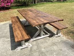 Rustic Pedestal 7ft Farmhouse Table With Long Benches Outdoor Farmhouse Table Farmhouse Table Outdoor Wood Table
