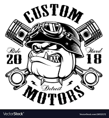 Bulldog Biker With Crossed Pistons Vector Illustration With Motorcycle Rider On White Background Shirt Graphics Monochro Vector Illustration Bulldog Rat Rod