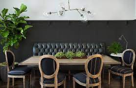Buy products such as oregon industrial metal dining/entryway bench in clear brushed silver by lumisource at walmart and save. A Black Board And Batten Wall Is Lined With Black Leather Tufted Dining Bench Facing A Salvaged Wood Din Transitional Style Dining Room Decor Black Dining Room