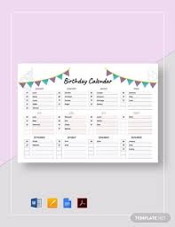 Free Birthday Calendar Template Word Google Docs Apple Pages Pdf In 2020 Birthday Calendar Free Birthday Stuff Calendar Template