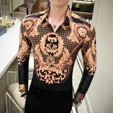 Black And Gold Dress Shirt Mens Brown Gold Baroque Full Print Slim Fit Style Men Long Sleeve Shirts In 2020 Long Sleeve Shirt Men Mens Shirt Dress Mens Shirts