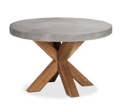 Gray kitchen interior, wooden counters. Abbott Indoor Outdoor 48 Concrete Fsc Acacia Round Dining Table Brown Pottery Barn