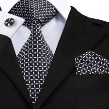 Black And White Square Pattern Shirt Silk Black White Geometric Necktie Hanky Cufflinks Set Ties Mens Mens Silk Ties Mens Fashion Suits