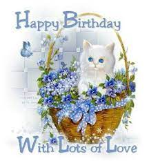 Happy cat in birthday hat holding balloons and peeking from behind empty board. White Cat Blue Flowers Happy Birthday Happy Birthday Cat Cat Birthday Greetings Birthday Greetings