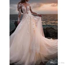 Discount Stunning Champagne Tulle Wedding Dress Beach Appliques A Line Bridal Gown With Illusion Lace Long Sleeves Vestido De Novia Online Dresses Shopping Prin Long Sleeve Wedding Dress Lace Wedding Dress