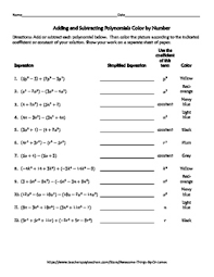 Add or subtract each polynomial below. Adding And Subtracting Polynomials Color By Number By Funrithmetic