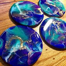 Hand Painted Wood Coaster Set Of 4 Functional Art Abstract Art Resin Art Coaster Art Happy Vibes Home Decor Resin Art Etsy Art Prints Resin Painting