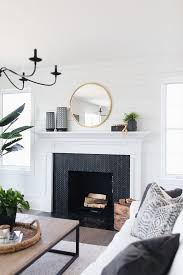 Black And White Tile Fireplace Surround Farmhouse Fireplace With Shiplap Paneling And Black Chevron Tile Modern Farmhous H In 2020 Farm House Living Room Farmhouse Fireplace Fireplace Mantel Designs
