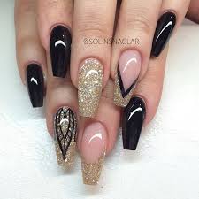 Acrylic Black And Clear Nails Gold Black Clear Glitter Coffin Nails Gold Nails Gold Glitter Nails Nails