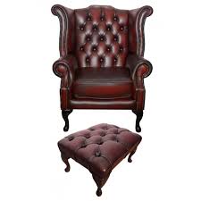 52cm deep, 48cm wide, 40cm high. Chesterfield Red Real Leather Queen Anne Armchair W Footstool