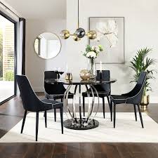 Tischleuchte vintage design lampshade in marble look table lamp suede new. Savoy Round Black Marble And Chrome Dining Table With 4 Modena Black Fabric Chairs Furniture And Choice