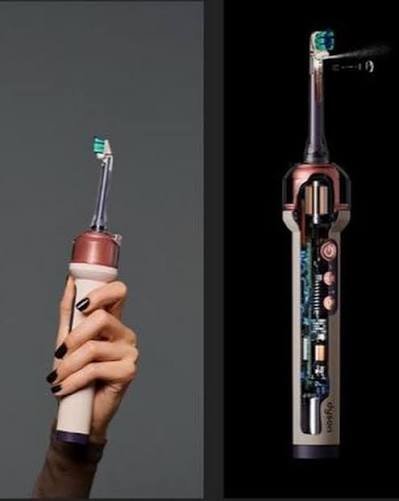 A Dyson entrou no mercado de cuidados bucais com a Dyson CameraJet, uma  escova de dentes elétrica equipada com câmera, inteligência artificial e um  sistema de jatos de enxaguante bucal. A câmera