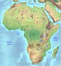 The physical map of africa showing major geographical features like elevations, mountain ranges, deserts, seas, lakes, plateaus, peninsulas, rivers, plains, some regions with vegetations or forest, landforms and other topographic features. Geographical Map Of Africa