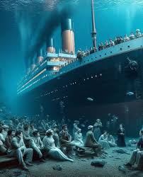 An Al vision of the Titanic — still underwater, still full of silent  passengers💀🚢 Ghostly figures appear seated where they once were... as if  the ship never let them leave. A haunting