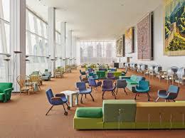 The delegates dining room offers a unique, upscale dining experience with its award winning, globally inspired cuisine and breathtaking view of the city. Un Delegates Lounge Mural Seating Inhabitat Green Design Innovation Architecture Green Building