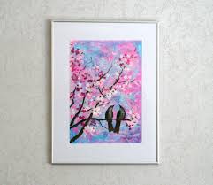 Bird On Tree Branch Painting Couple Birds On Tree Cherry Blossom Painting Pink White Blooming Tree Branch Wall Art Or Cherry Blossom Painting Tree Branch Wall Art Acrylic Painting On Paper