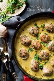 Thai Curry Chicken Meatballs In Curry Sauce White On Rice Couple Recipe Chicken Meatball Recipes Curry Recipes Chicken Meatballs