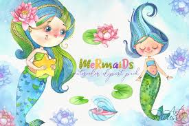 Check this guide to cute mermaid clipart, baby mermaid clipart, vintage mermaid clipart, little mermaid clipart, mermaid graphics, illustrations and more. Cute Mermaids Clipart Pack Watercolor Clip Art Baby Shower 242374 Illustrations Design Bundles