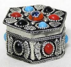 stone studded oxidised metal hexagonal jewelry box