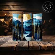 Mountain River, 2d Layered Design, 20 Oz Seamless Straight Skinny Tumbler  Wrap, Sublimation PNG Alpine