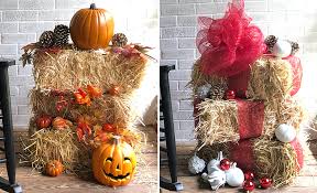 Hay bales are a simple way to add that fall feeling to your holiday decor with very little effort. How To Repurpose Harvest Decor For Festive Holiday Style The Home Depot