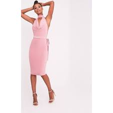 Carllia Pale Pink Slinky Choker Neck Cowl Midi Dress 6 595 Czk Liked On Polyvore Featurin Bodycon Cocktail Dress Pink Bodycon Dresses Pink Cocktail Dress