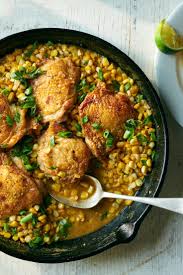 One Pan Chicken Thighs With Coconut Creamed Corn Recipe Recipe Pan Chicken Thighs Nyt Cooking Recipes