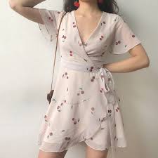 Vintage Cherry Print V Neck Ruffled Wrap Dress From Fe Clothing Fashion Outfits Ulzzang Fashion Pretty Outfits