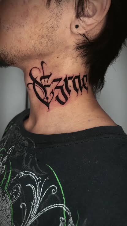 Gothic calligraphy on the neck 👌🏽”Ezrae” sat like a champ no numbing cream needed👍🏽. Lets do some more lettering tattoos. #gothic #calligraphy #tattoolettering #necktattoo #downtownbakersfield #fyp ...
