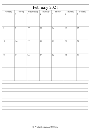 This is an editable calendar for february which you can customize your self before print. Printable February Calendar 2021 With Notes Portrait