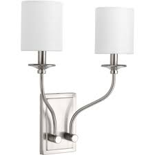 Interior wall sconce, wallchierre, lantern & swing arm lighting for every room in your home. Progress Lighting Bonita Collection 2 Light Brushed Nickel Wall Sconce With White Linen Shade P710019 009 The Home Depot