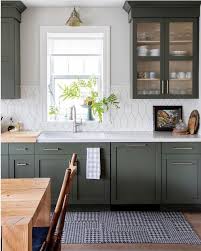 Forest Green Modern Farmhouse Kitchen With White Quartz Marble Counters And Rustic Island White Dark Green Kitchen Green Kitchen Cabinets New Kitchen Cabinets