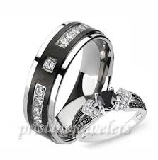 His Hers 925 Sterling Silver Womens Wedding Ring Mens Black Titanium Cz Band Rings For Men Wedding Rings For Women Titanium Wedding Rings