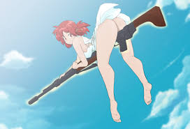 izetta, shuumatsu no izetta, highres, 1girl, anus, ass, barefoot, blush,  breasts, cloud, day, feet, female focus, flying, gun, large breasts,  looking at viewer, looking back, no panties, pussy, pussy juice, red eyes,