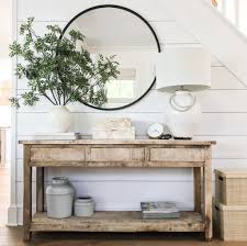 Farmhouse Tour Friday Vol 21 Loving This Farmhouse Entryway With Black Round Mirror Gre Dining Room Console Console Table Decorating Shiplap Accent Wall