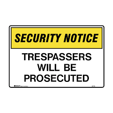 The signs are 11w x 7h with bright red letters in all caps on heavyweight, bright white cardstock. Security Notice Sign Trespassers Will Be Prosecuted
