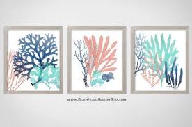 Navy Turquoise Coral Art Beach House Gallery Bathroom Art Etsy Coral Art Coral Art Print Nautical Prints