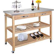 Zeny Natural Wood Kitchen Cart Rolling Kitchen Island Utility Serving Cart W Stainless Steel Cou Rolling Kitchen Island Cookware Storage Kitchen Island Trolley