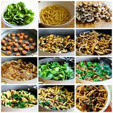 Spinach and mushrooms are sauteed with onion, garlic, balsamic vinegar, and white wine. Pasta With Italian Sausage Mushrooms And Spinach Kalyn S Kitchen