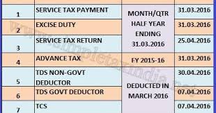Due Date Income Tax Service Tax Excise Advance Tax Tds Tcs