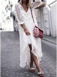 Veryvoga Lace Embroidery Solid 3 4 Sleeves Shift Maxi Boho Vacation Dresses Maxi Shift Dress Maxi Dress With Sleeves Long Sleeve Maxi Dress