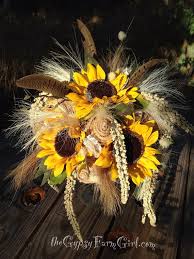 1 10in round maid of honor wedding bouquet with silk yellow sunflowers, mini silk white daisies, and real touch white babies breath wrapped in natural burlap. Pin On Gypsy Farm Girl
