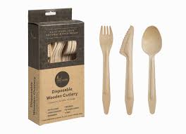 Leafware Disposable Wooden Cutlery Combo Set 12 Spoons 12 Forks 12 Knives Disposable Biodegradable Products Disposable Cutlery