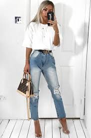 Light Denim Back Distressed Mom Jeans Mio Light Denim Jeans Outfit Light Jeans Outfit Denim Jeans Outfit
