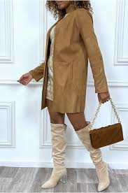 Veste courte zippée similicuir camel femme cache cache. Veste Camel Mi Longue En Suedine