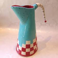 Ceramic Pitcher Dr Seuss Checkered Red Turquoise By Maryjudy Ceramic Pitcher Ceramics Colorful Ceramics