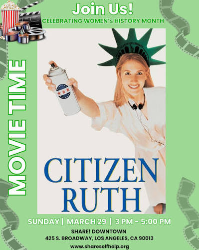 🎬 Join us on Sunday, March 29, from 3 PM to 5 PM for a free screening of Citizen  Ruth – popcorn will be provided! Film: Citizen Ruth (Rated R) 🗓️ Sunday,