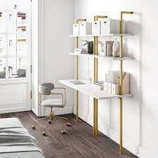 If you're using your desk for paying bills or writing on a laptop, a smaller desk will work just fine. Nathan James Theo 73 In White Wood And Gold Brass Metal 2 Shelf Wall Mount Ladder Writing Desk Table Small Computer Table Bookcase 66002 The Home Depot Small Computer Table Home Office Closet