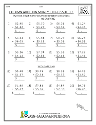 Free Math Addition Worksheets Column Money 3 Digits 1 Math Addition Worksheets 4th Grade Math Worksheets Math Worksheets