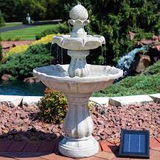 Solar powered garden fountain works best when it receives lot of sunlight. Sunnydaze 2 Tier Solar Powered Outdoor Water Fountain With Battery Backup Outdoor Garden And Patio Decor Waterfall Feature White Earth Finish 35 Inch Walmart Com Walmart Com